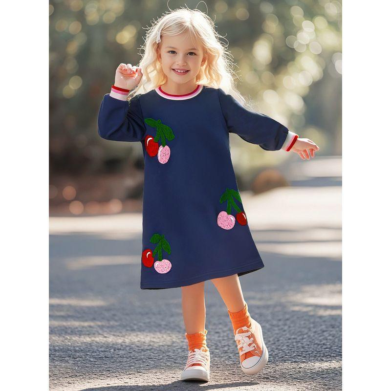 Girls' Dress Spring and Autumn 2025 New Stylish Children's Dark Blue Cherry Mid-Length Casual Sweatshirt Dress