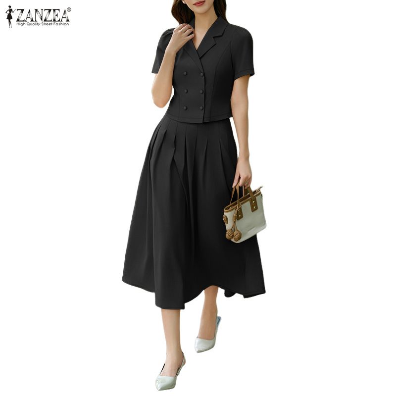 ZANZEA Women Short Sleeve Blouse and Midi Skirts Summer Two Piece Suit Sets