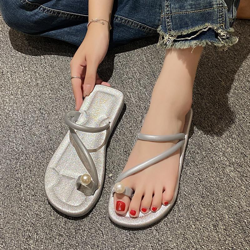 New toe slippers women wear half slippers summer pearl fairy wind vacation flat beach shoes sandals