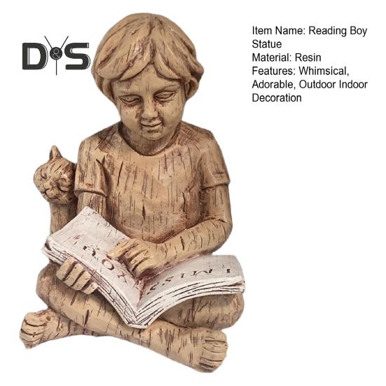 Kids Reading Statue Outdoor Boy Sitting Down Reading Book Figurine with A Cat Resin Yard Art Decoration for Garden Patio Desk Courtyard