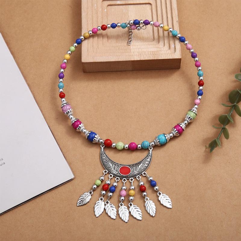 

1PC Ethnic Jewelry Accessories Leaf Red Stone Boho Stone Beads Multicolor Long Chain Alloy Carving Gaskets Tassel Necklace