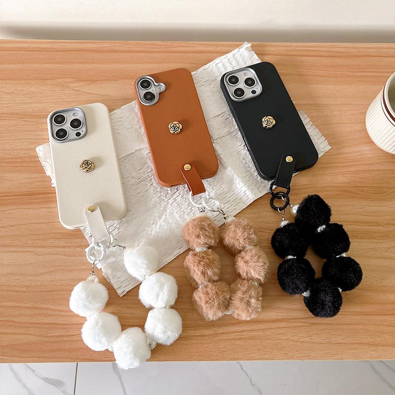 For IPhone17promax Phone Case Plush Hand Cord Camellia for Apple 16plus Silicone Protective Case
