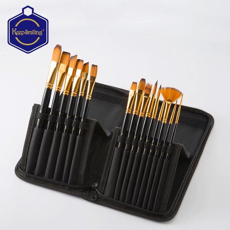 15-Piece Nylon Paintbrush Set with Black Bag for Watercolor, Oil, and Wall Painting