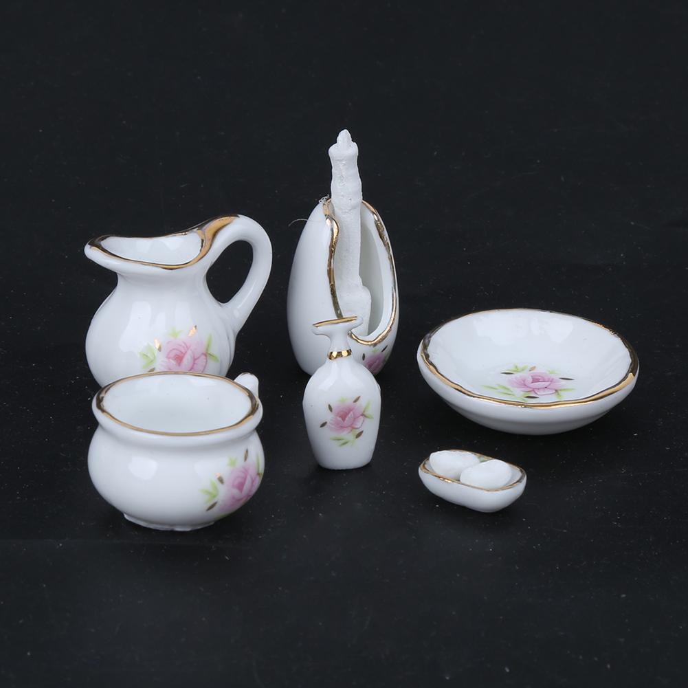 8Pcs 1:12 Miniature DIY Dollhouse Furniture Component Accessories Rose Bathroom PorcelainRose