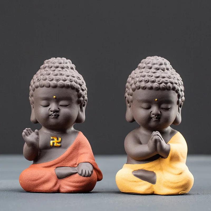 Ceramic Purple Sand Small Buddha Laughing Monk Little Mini Buddha Statue Bless The Sitting Statue Car and Tea Ceremony Ornaments