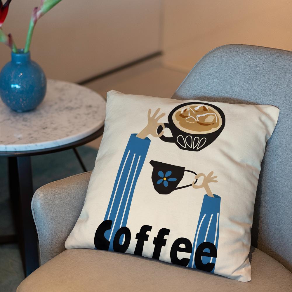 Creative Coffee Illustration Cushion Cover 2-in-1 Reversible Plush Pillow Cover | Car/Sofa/Bed | Perfect Gift