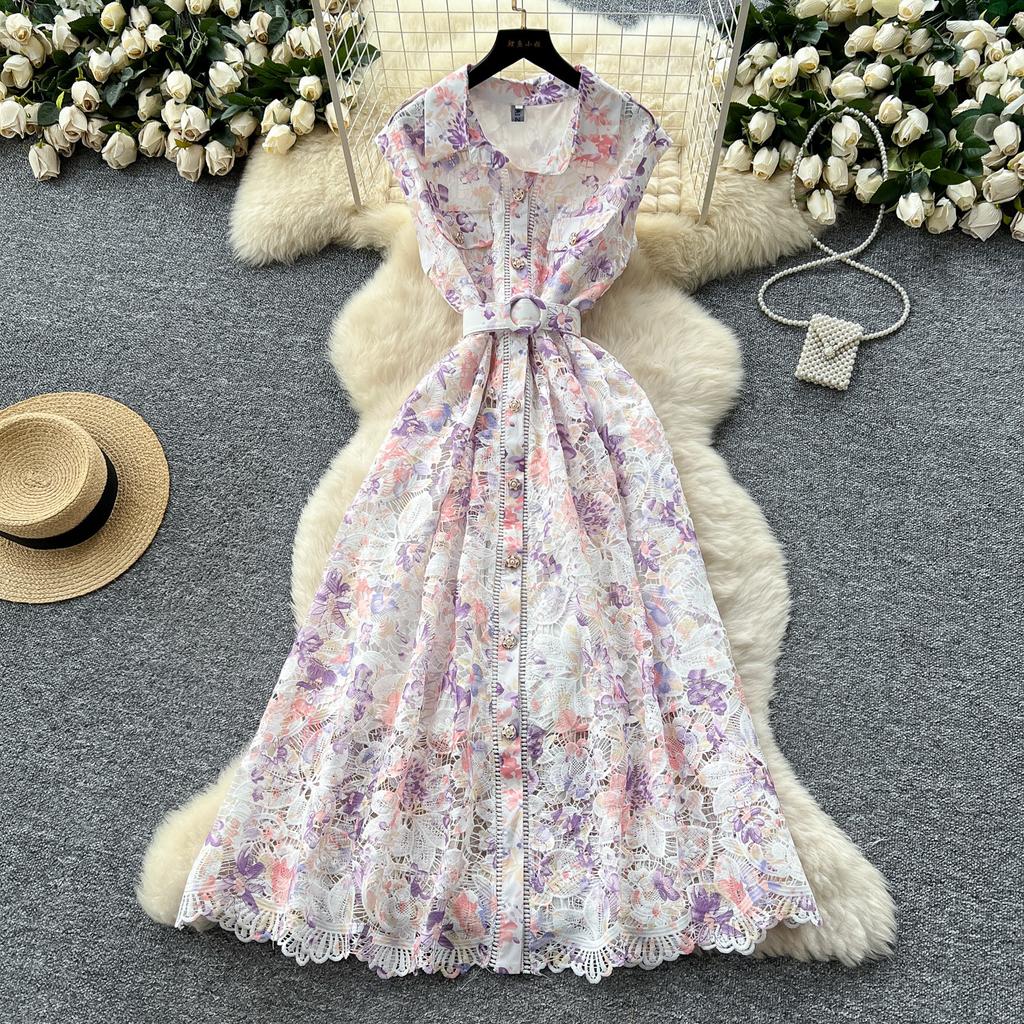 Elegant Lace Printing Formal Dresses Women Lapel Single-breasted Hollow Out Belt Slim Temperament Summer Dress