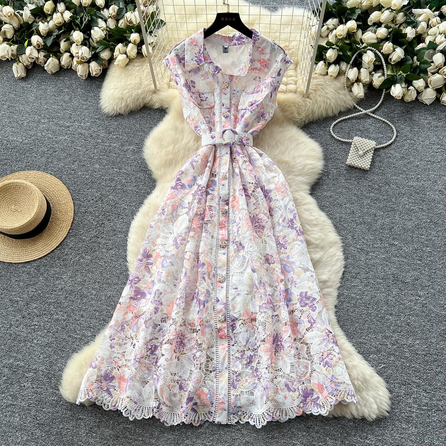 

Elegant Lace Printing Formal Dresses Women Lapel Single-breasted Hollow Out Belt Slim Temperament Summer Dress 2XL фіолетовий
