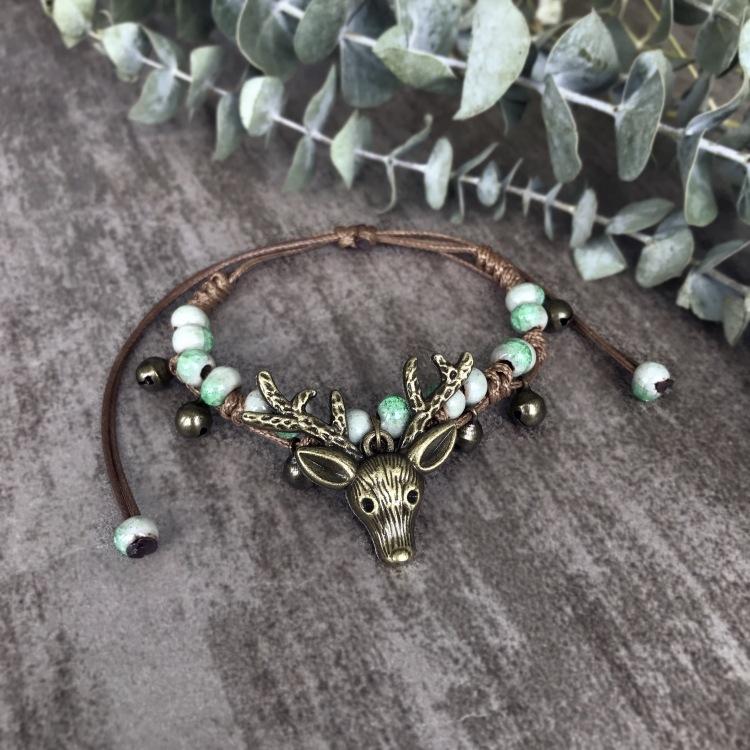 

Богемский ретро лесной керамический браслет с оленем, милый браслет для девочки с рожками и колокольчиком, ювелирное изделие