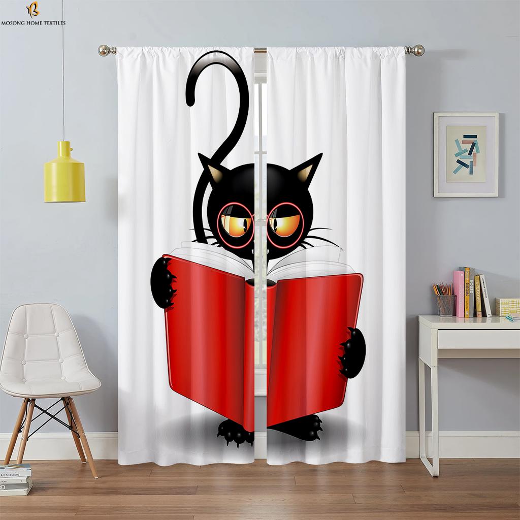 Black Cool Cat Printed Curtain Bedroom Kitchen Living Room Kids Decorative Curtains Set Of 2 Made Polyester With Rod Pocket Sitting Decor