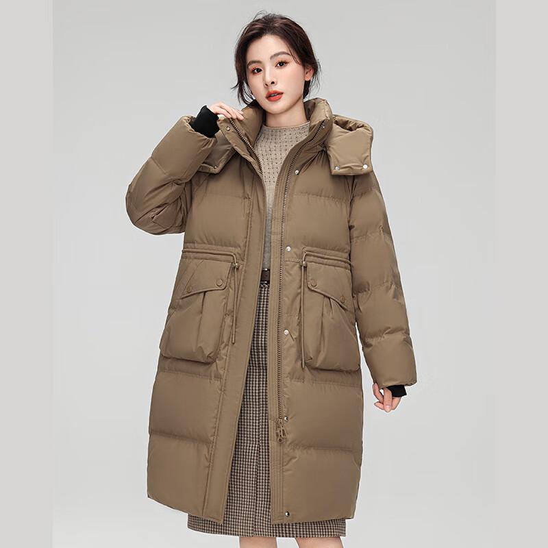 

Women s Versatile Hooded Drawstring Waist Mid-Length Down Jacket S
