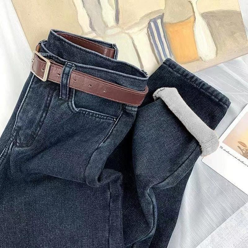 Women's Autumn Winter Thickened Warm Harun Pants Straight Leg Slim Women's Fashion Jeans Casual Pants