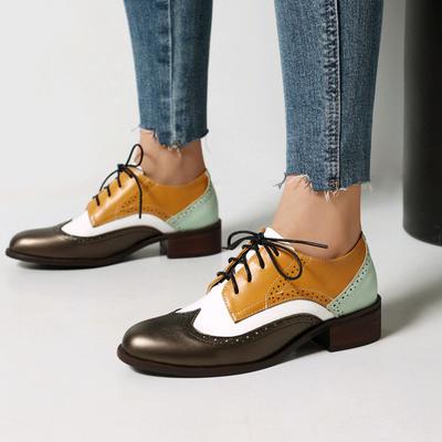 Britischer Stil Retro Brogue Oxford Schuhe für Damen Frühling Neu Runde Zehe Mix Farbe Überkreuzte Schnürung Blockabsatz Mid-Heel Casual Pumps