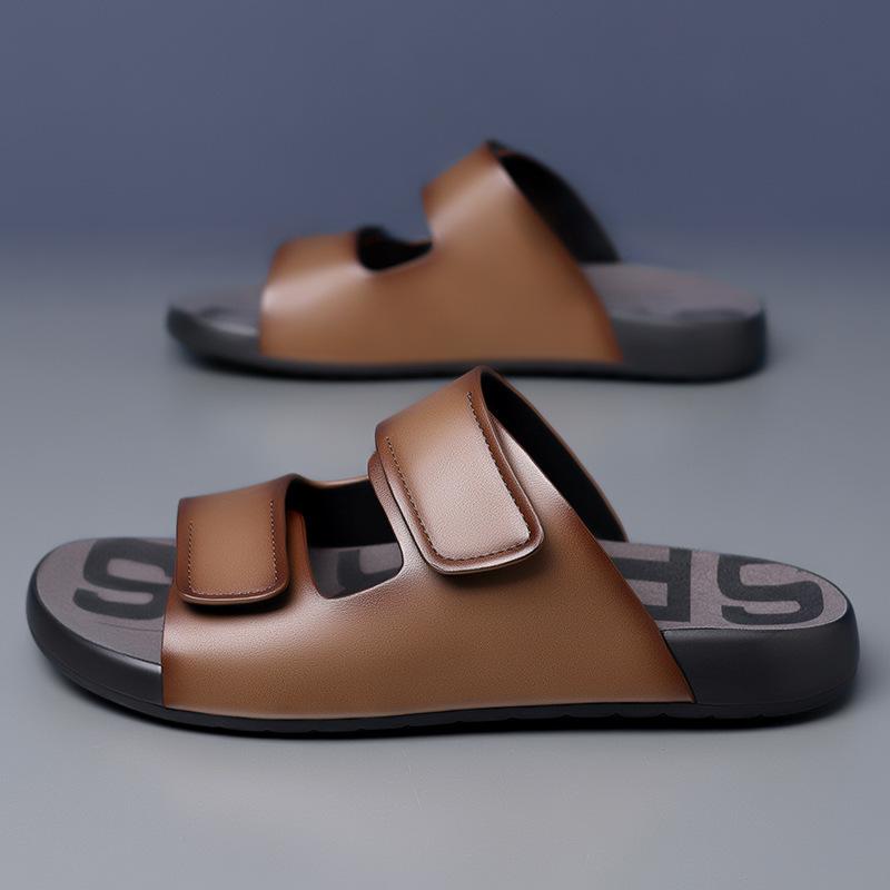 Leather sandals high-end men's 2025 summer new trendy shoes soft-soled business casual shoes men wear microfiber slippers soft leather