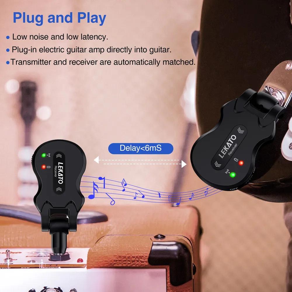 LEKATO WS-50 Wireless 5.8 GHz guitar system, rechargeable audio transmitter and receiver, 4 transmission channels, suitable for electric guitar