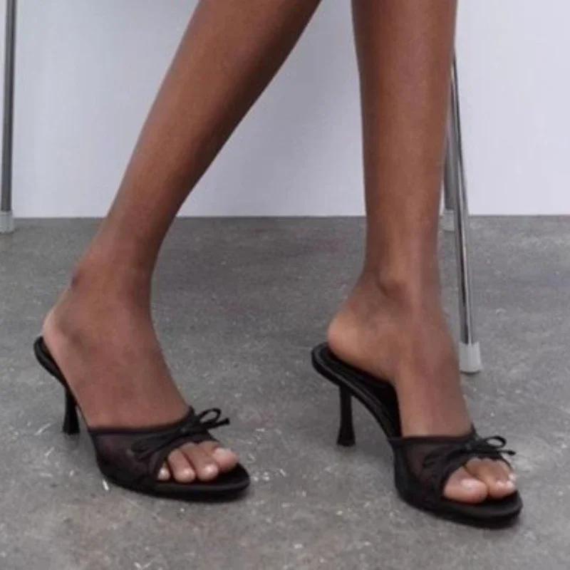 High Heels Women Slippers Elegant Sexy Bow Heeled Sandals Fashion Woman Shoes 2025 Summer Luxury Pumps Dress De Zapatos Mujer