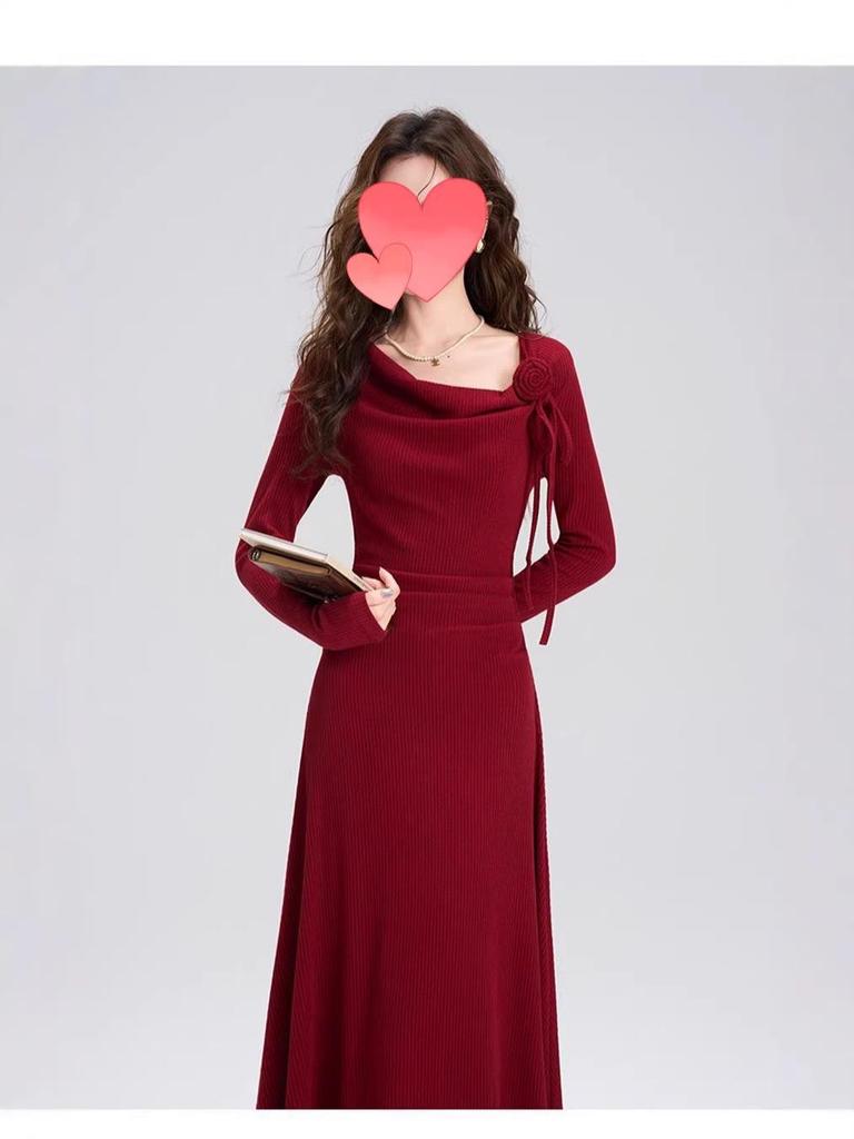 2025 French High-End Red Early Autumn Plus Size Slimming Women's Dress
