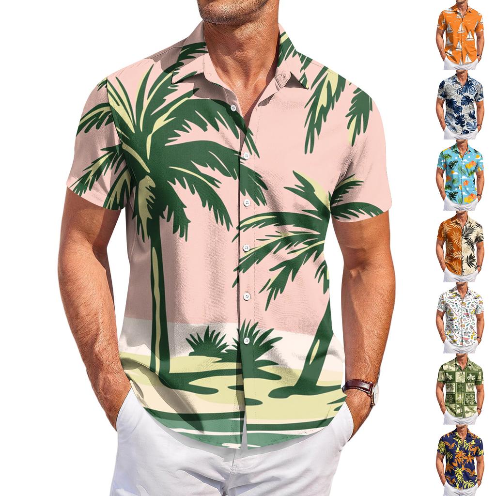Men's Casual Loose Fit Short Sleeve Shirt Hawaiian Style Button Down Tropical Leaf Print Summer Beachwear Shirt