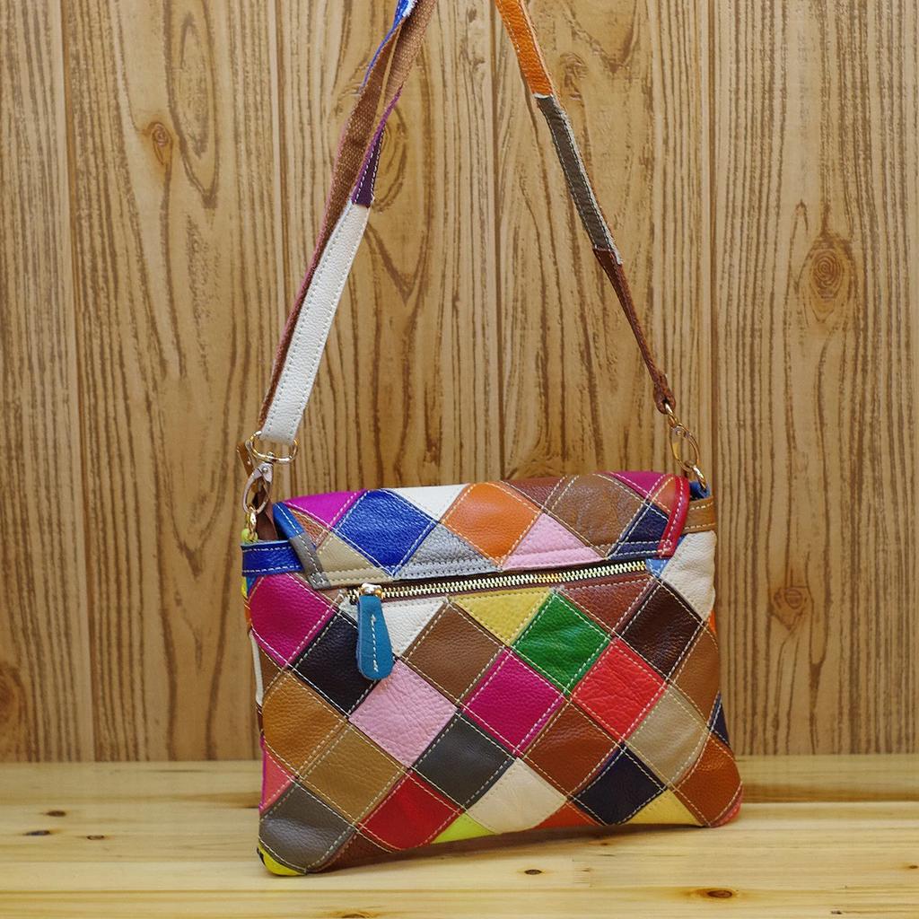 Women's genuine leather bag  colorful plaid  crossbody  small shoulder bag  women's cosmetic bag  elegant niche design