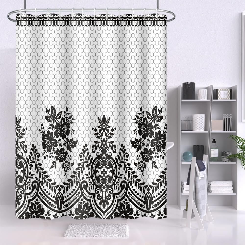 

Black White Floral Shower Curtain Lace Pattern Bathroom Decor Elegant Design Vintage Style Hexagon Background Bath Accessorygift W60H190(CM)-1 Pcs