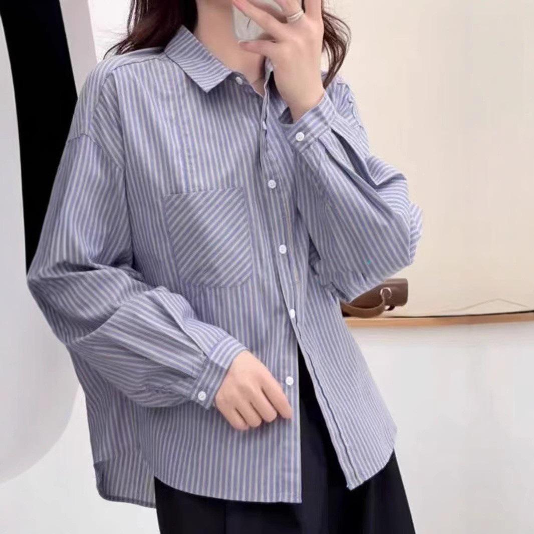 

2025 Spring/Autumn Women s French Striped Loose Casual Long Sleeve Shirt Medium