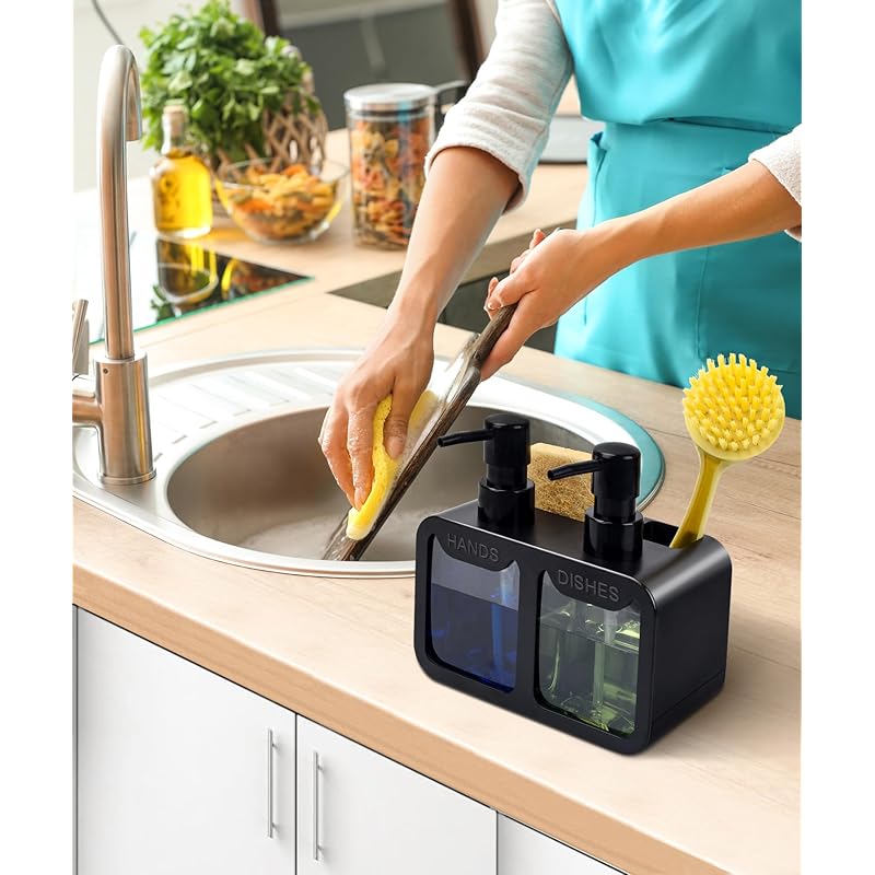 Kitchen Hand Soap and Dish Soap Dispenser Set, Dual Soap Dispenser with Sponge Caddy and Brush Holder 4-in-1 Organizer f чёрный