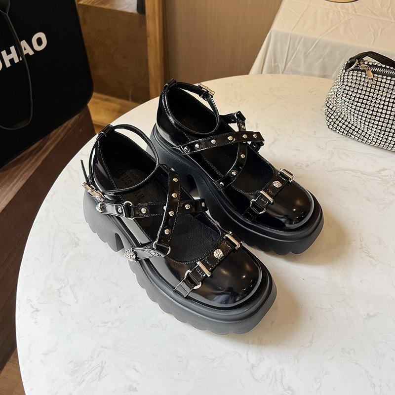 

Summer new one-word with thick-soled heightening metal buttons British trendy cool fashion versatile casual single shoes women 34 чёрный