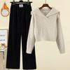 Winter Sweater Suit Women's Plus Velvet Casual Wide-leg Pants Two-piece Suit
