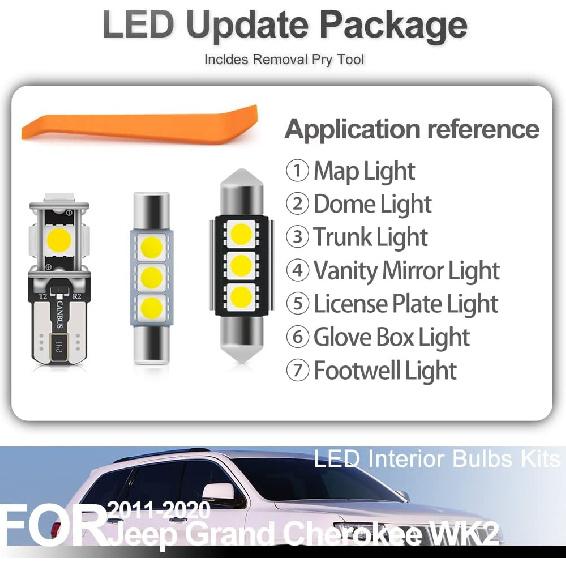 15pcs Grand Cherokee Interior LED Lights Bulb Kit for Jee'p Grand Cherokee WK2 2011 2012 2013 2014 2015 2016 2017 2018 2019 2020 Super Bright 6000K