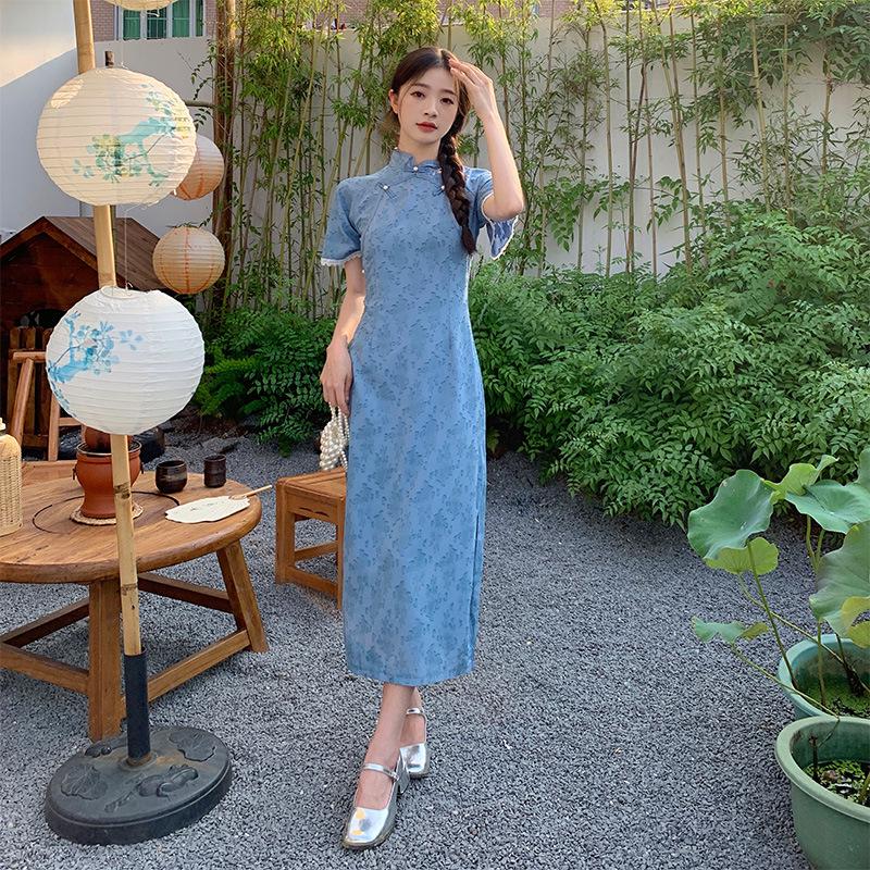 145 Shorty Republic Style New Chinese Cheongsam Dress: Women's Waist-Slimming A-Line Mid-Length XS for a Taller Look - Perfect for Summer