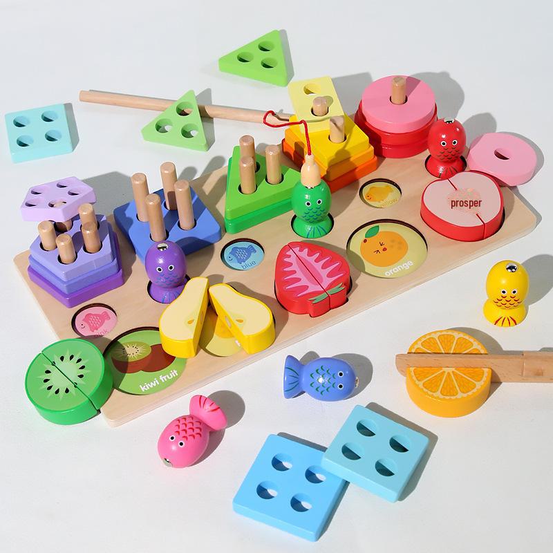 Children's Educational Toy Set: Shape, Color Matching, Building Blocks, Fishing Game, and Fruit Cutting.
