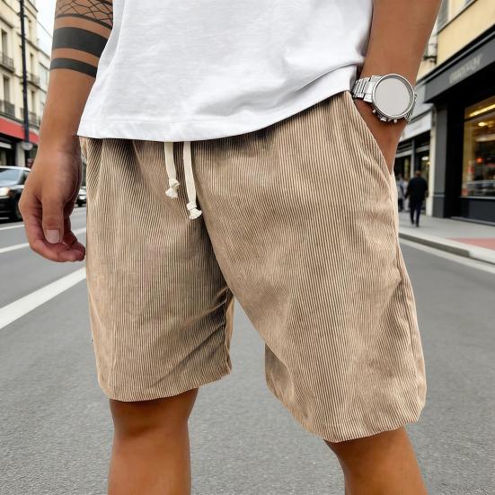 Men Shorts Elastic Waist Adjustable Leg Summer Corduroy Drawstring Wide Shorts with Pockets Loose Fit Casual