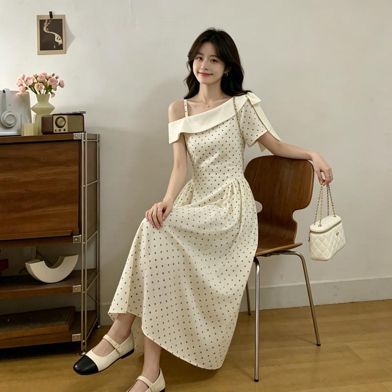Style Polka Dot A Line Dress With Cinched Waist For Adult Women Spring