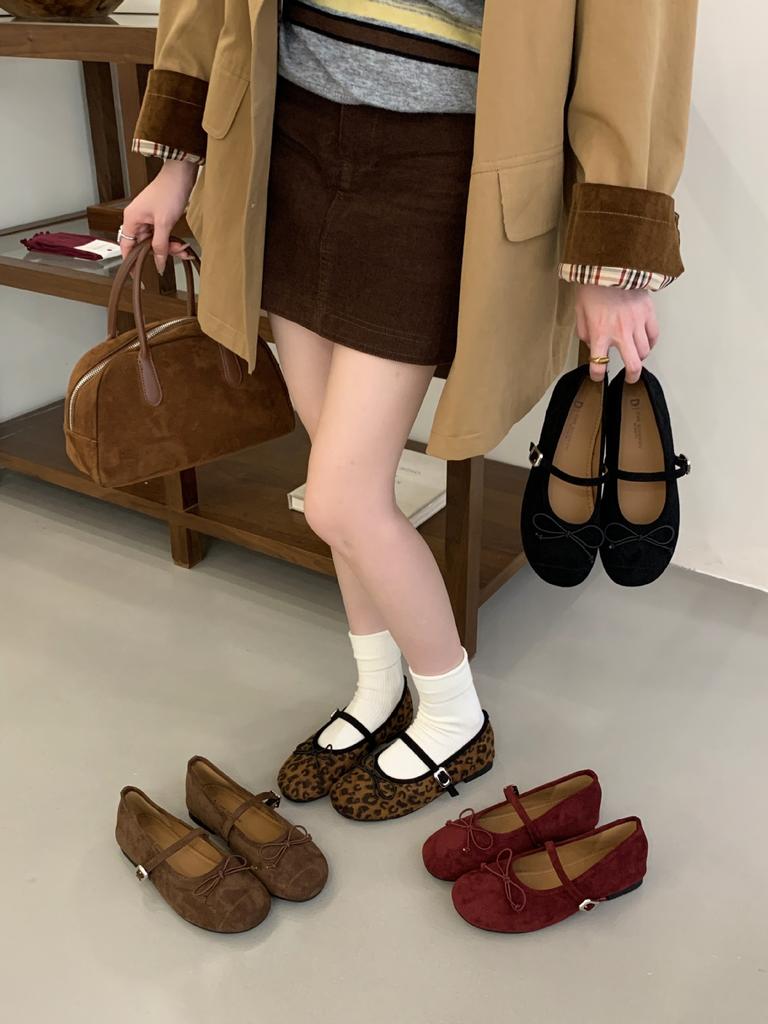 THEDOUDOU Vintage suede leopard print round head bow Mary Jane shoes autumn and winter soft-soled ballet single shoes women