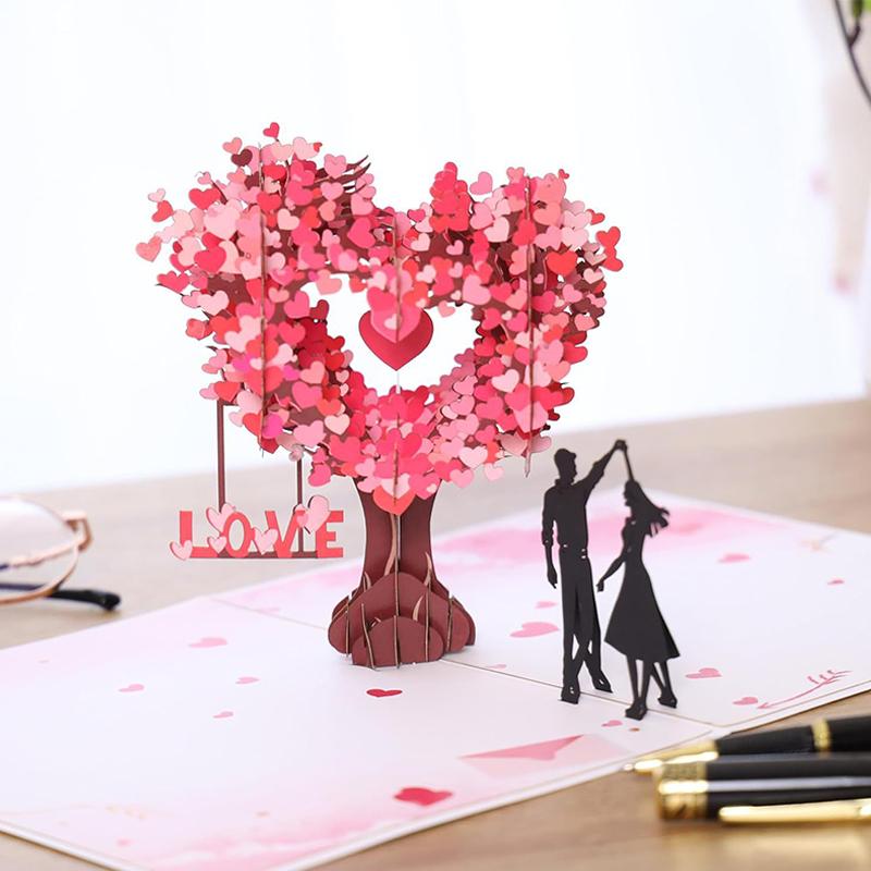 Romantic Theme Anniversary Card Pop-Up Mechanism 3D Heart Tree Couple Card Heart Tree Design 3D Love Tree Card Valentines Day