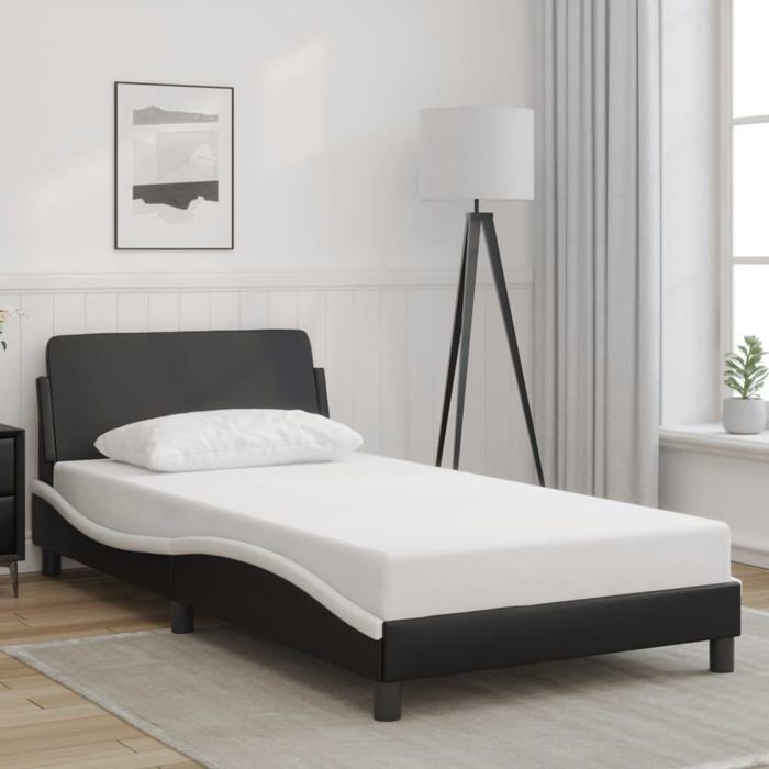 VidaXL Cadre de Lit et Tête de Lit, Lit Rembourré avec Sommier à Lattes, Lit Simple avec Pied Chambre, Noir et Blanc 100x200 373143