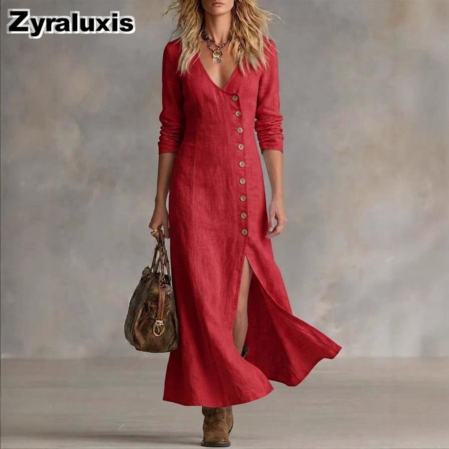 New Spring Summer Fashion Casual Cotton Linen Long Sleeve Buttoned Collar Women's Dress