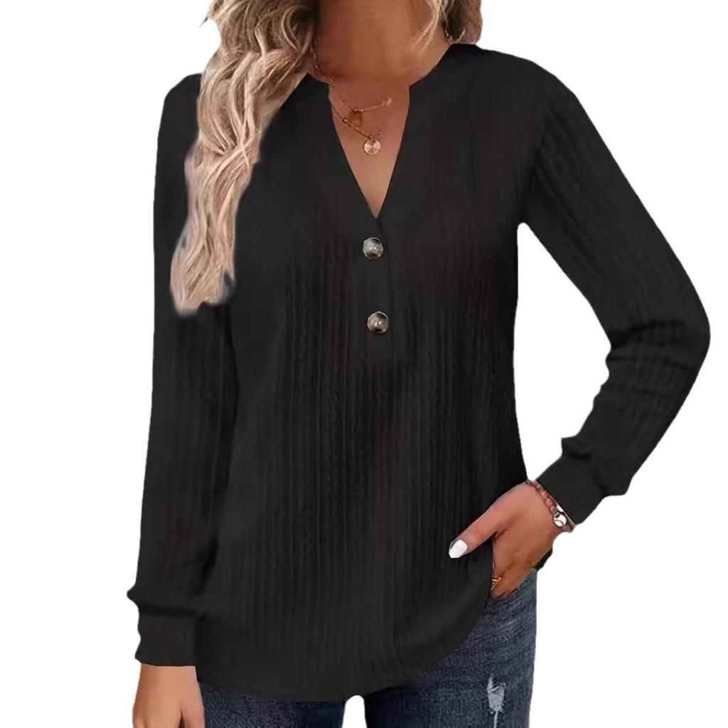 Fall Winter Women's Long Sleeve Solid V-Neck Button T-shirt Top, European American Style Casual Tops for Crossborder