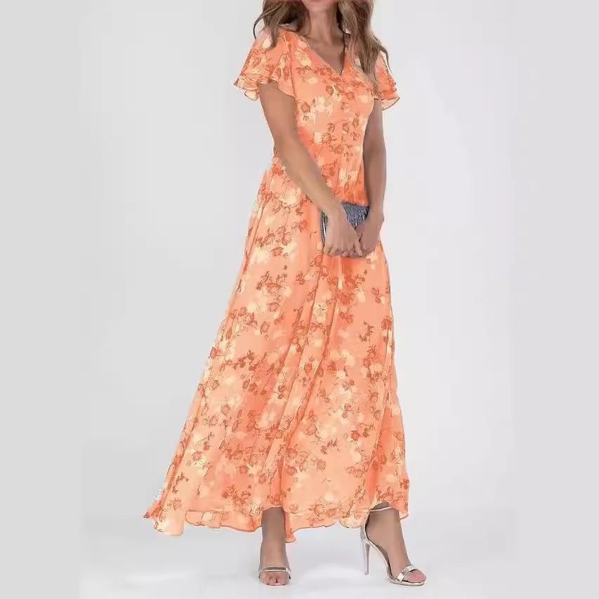 New beach pendulum long dress chiffon floral short-sleeved ruffle V-neck fashionable waist dress