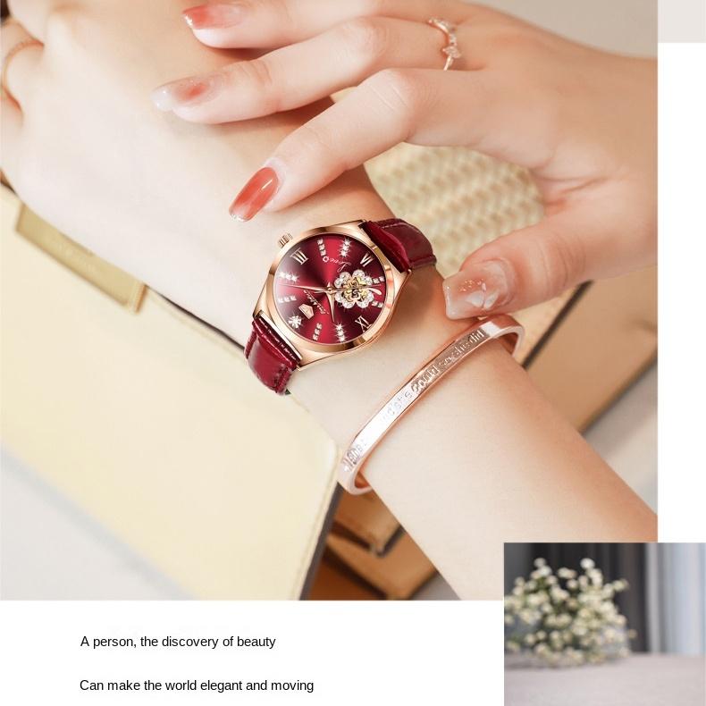 JINSHIDUN Brand Fashion Hollow Inlaid Diamond Four-leaf Clover Mechanical Watch Waterproof Women's Watch