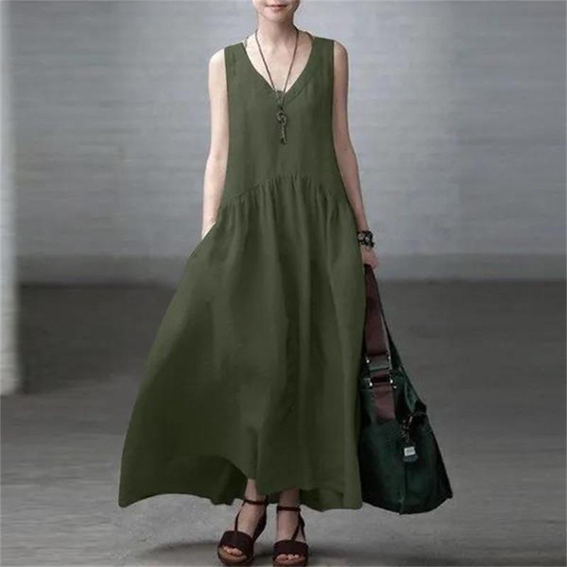 Women's Sleeveless Cotton Linen Pleated Maxi Dress