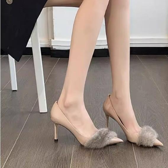 Pointed Autumn and Winter Sexy Professional Single Shoes Black Fluffy Temperament Thin Temperament High Heels Thin Heel Versatile