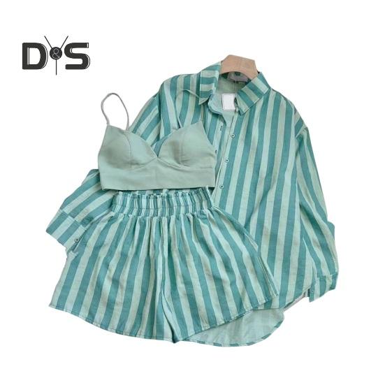 

Женская полосатая рубашка с принтом и шорты, комплект из двух предметов, свободный крой, повседневная рубашка, брюки, однотонный топ с длинными рукавами, короткие летние наряды для женщин L небесно-голубой