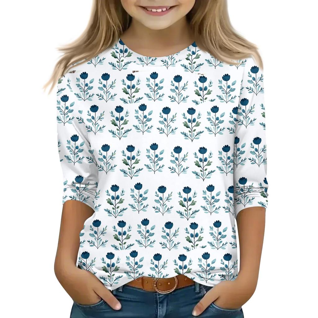 Print Tops For Youth Girls Round Neck 3/4 Sleeves T-Shirts Trendy Tops Outfit Tees