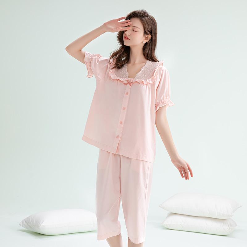 Fenteng 100% Pure Cotton Lace V-Neck Short-Sleeved Cropped Pants Home Suit Set Pajamas