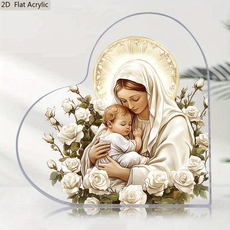 Christmas Religious Gift, Nativity Flower of The Virgin Mary Pattern Heart Acrylic Plaque Sign, Home Office Decoration, Birthday Gift, Nurseries, Hom
