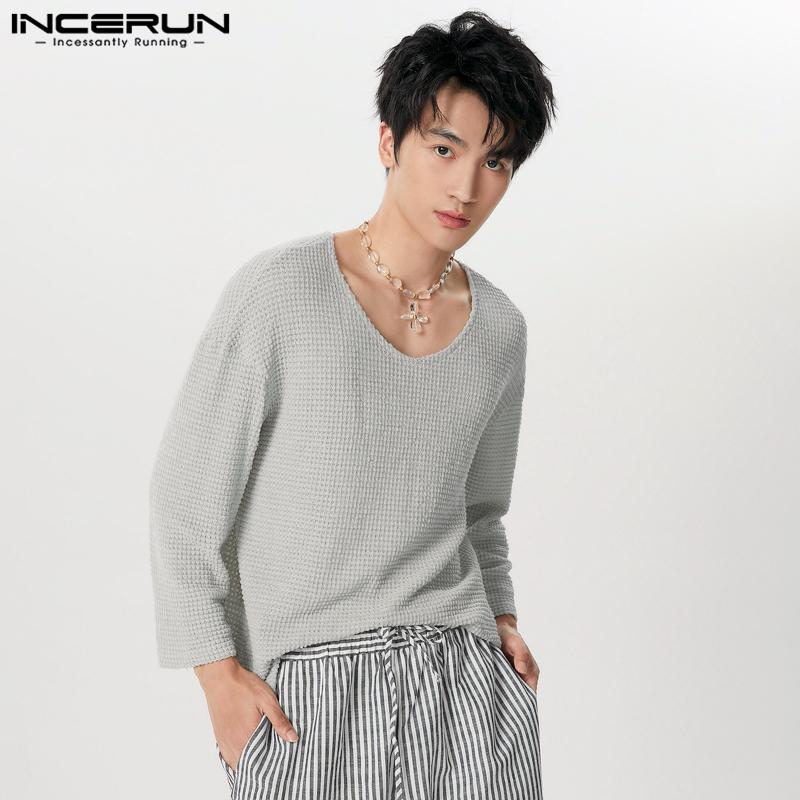 

INCERUN Весенние мужские вафельные топы с длинным рукавом и V-образным вырезом, свободные пуловеры 4XL светло-серый