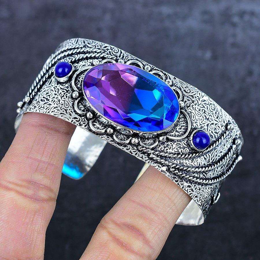 Bi-Color Tourmaline Gemstone 925 Sterling Silver Cuff Bangle Adjustable f9W78