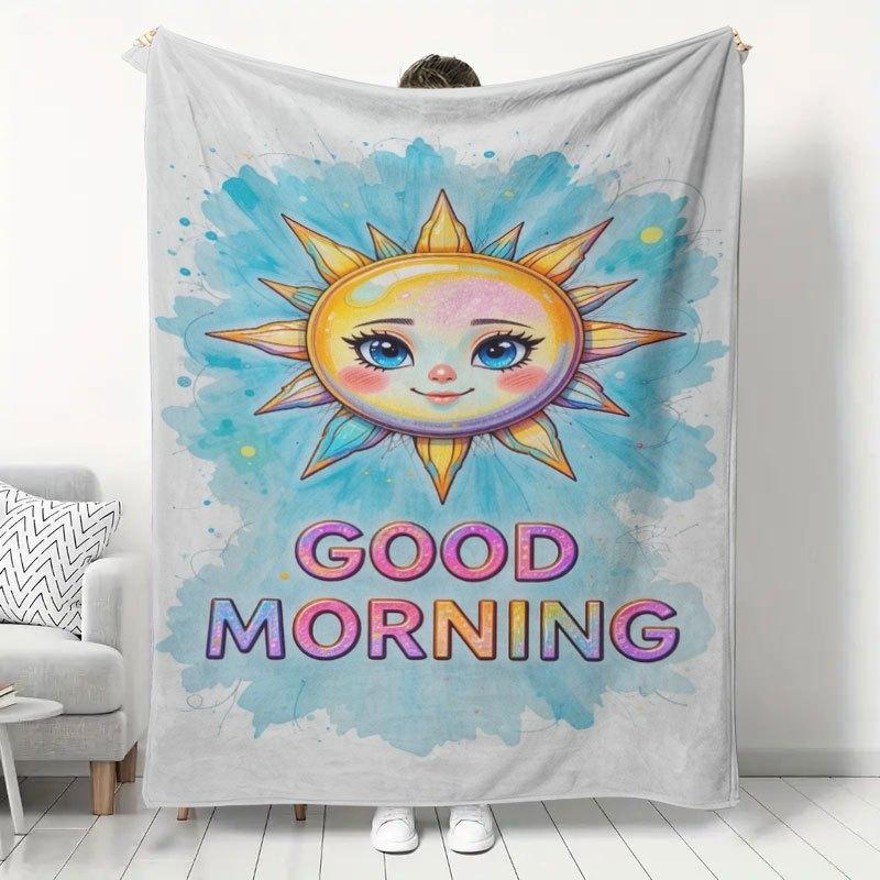 1pc Cute Joyful Face Sun Print Flannel Blanket, Good Morning Themed Home Warm Throw Blanket, Office Nap Shawl Blanket, Sofa Leisure Blanket, Dormitory
