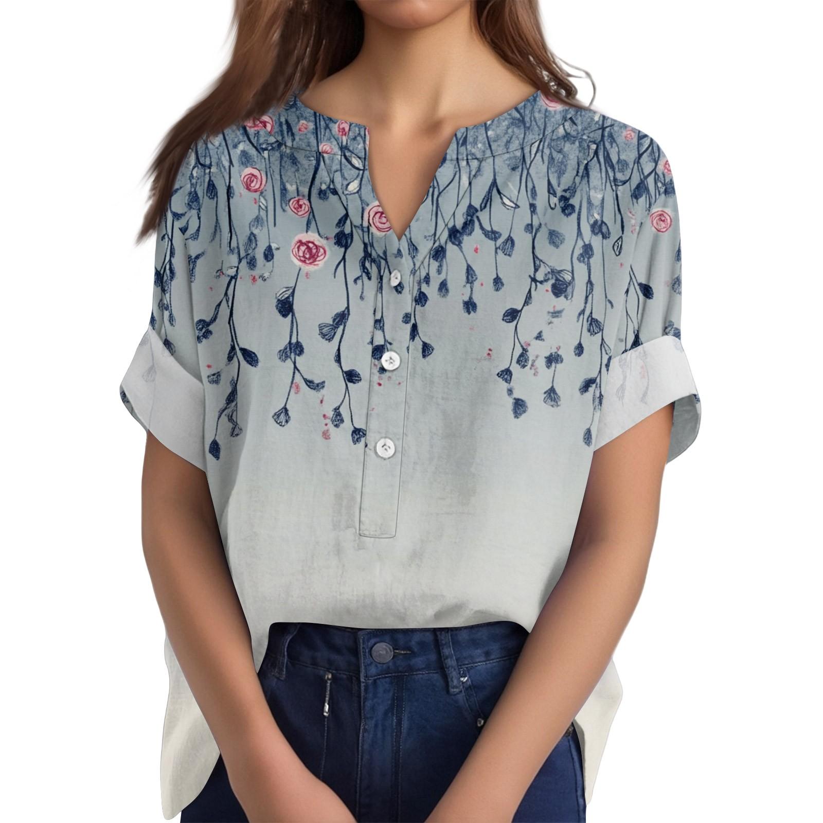 

Женская хлопково-льняная футболка с круглым вырезом, коротким рукавом и пуговицами, футболка с принтом XXL светло-синий